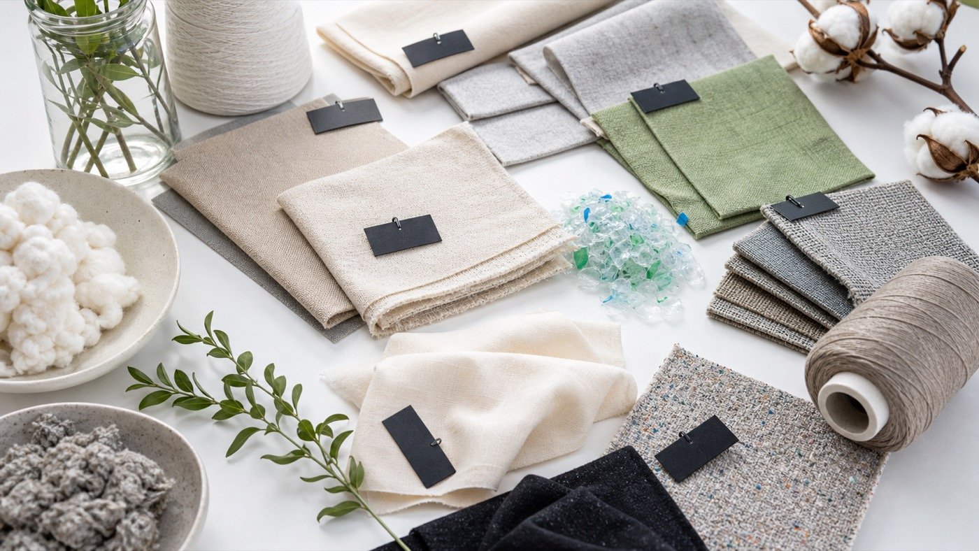 Sustainable fabric swatches and recycled textile samples arranged on a white table