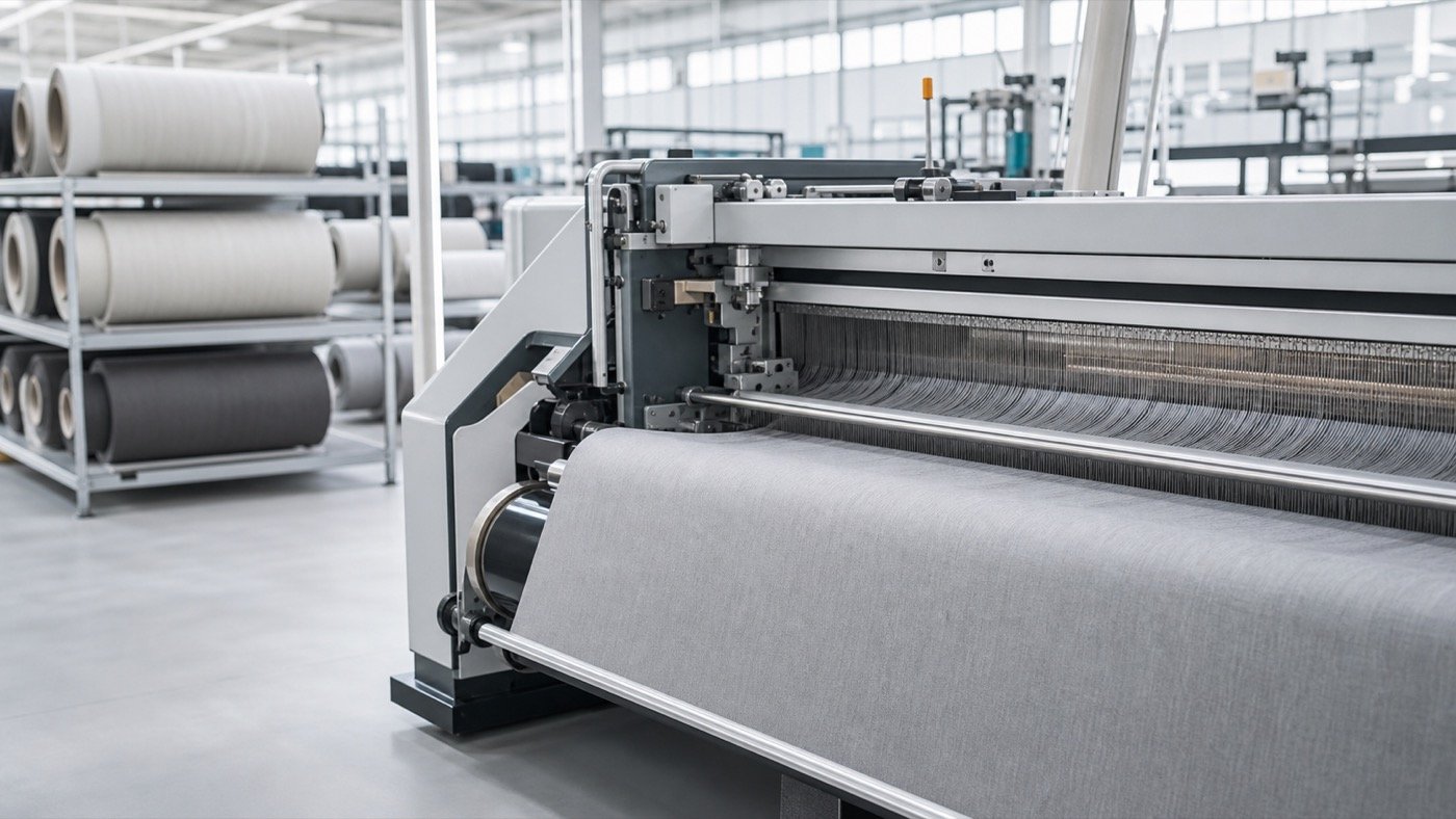 Modern textile machinery running fabric through a bright manufacturing facility