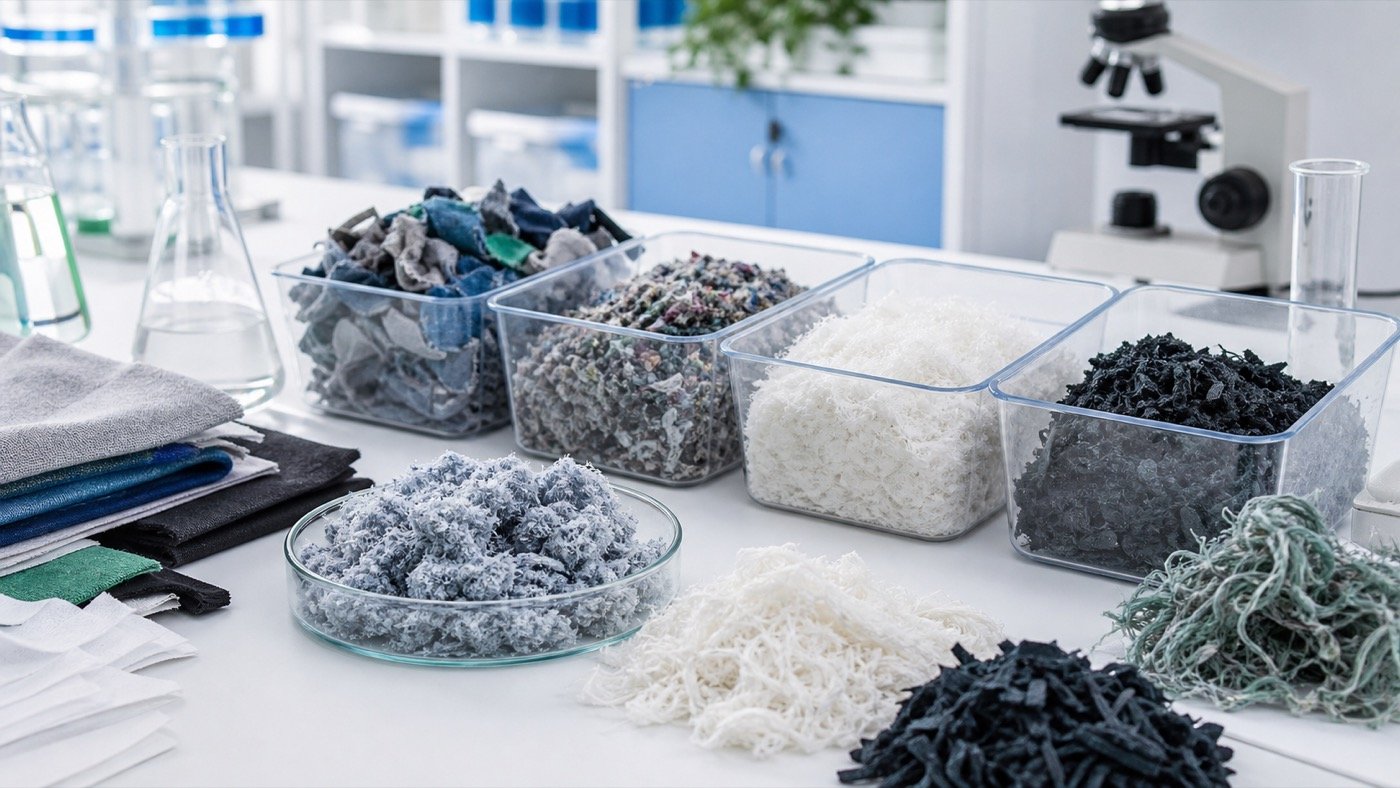 Sorted textile scraps and recovered fibers on a clean materials lab bench