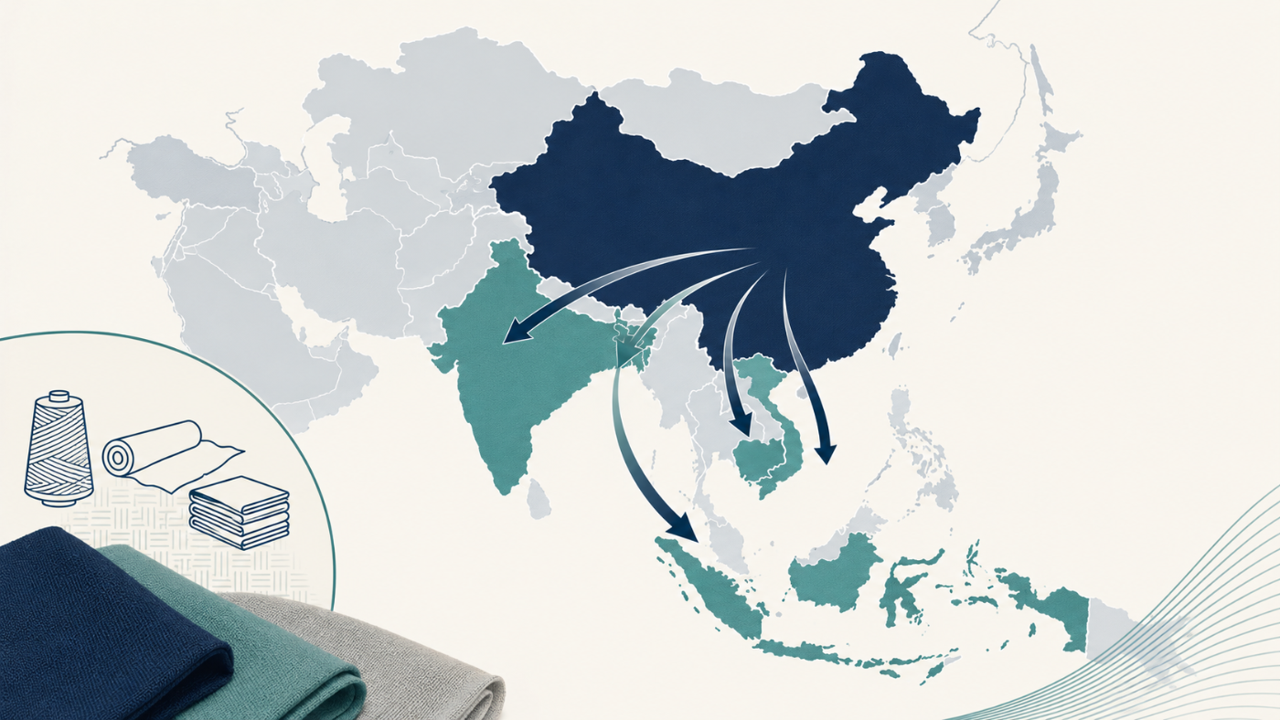 Asia textile sourcing shift infographic showing China+1 movement toward India, Vietnam, Bangladesh and Indonesia